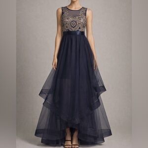 City Triangles Navy Lace Bodice Prom  Tulle Maxi Dress